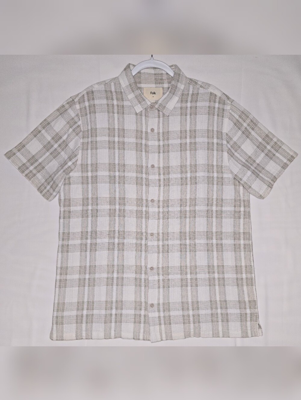 Folk Men’s Short Sleeve Check Plaid Shirt Ecru Linen Blend